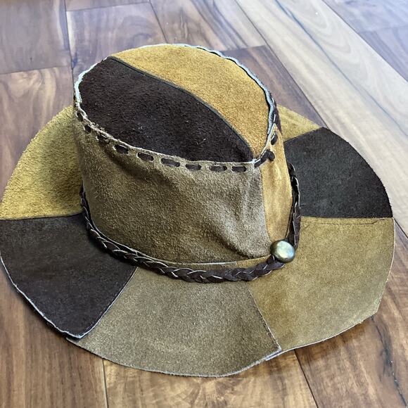 Vintage Suede Leather Patchwork Hat Hippie Western Boho 1970s Cowgirl Floppy